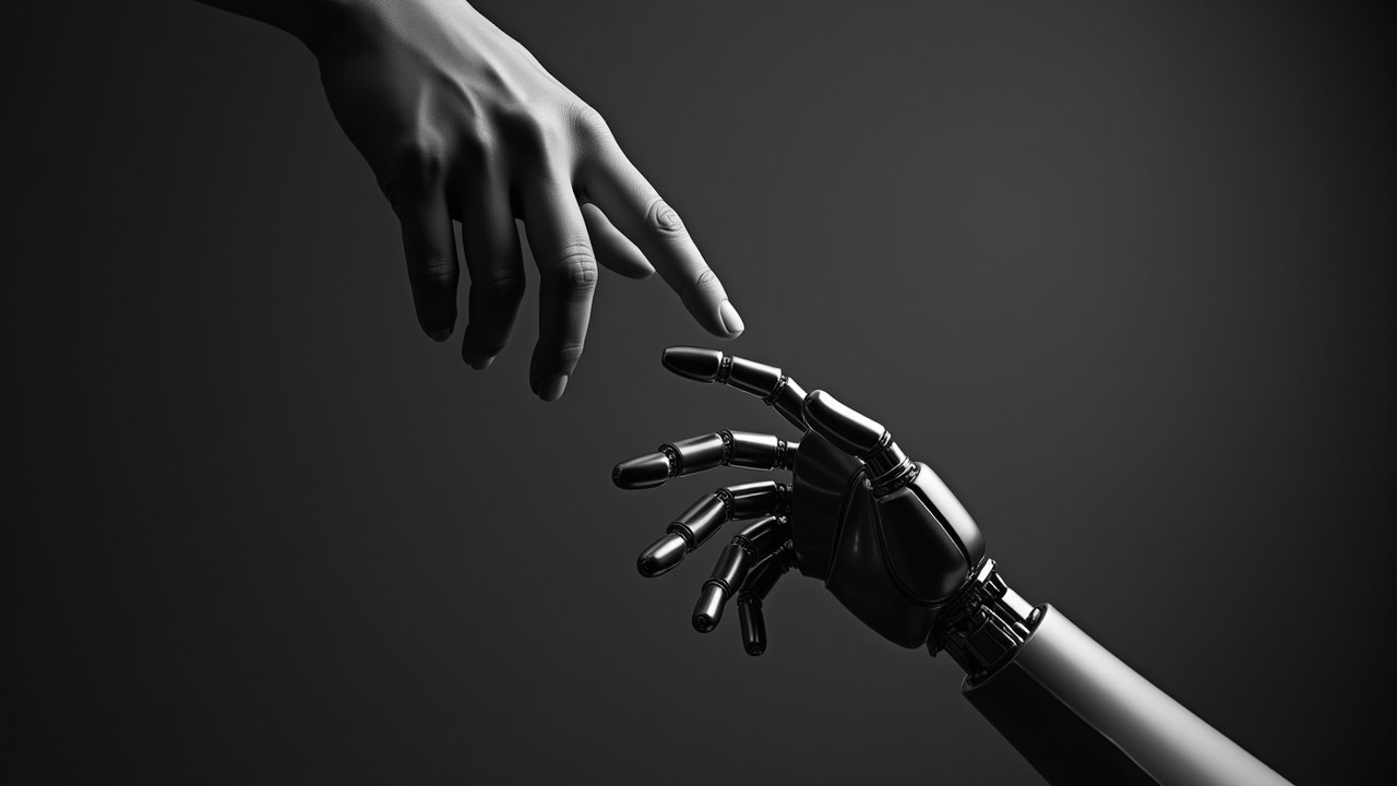 A human hand reaching down and a robotic hand of the same form reaching up, fingertips almost touching, in black and white